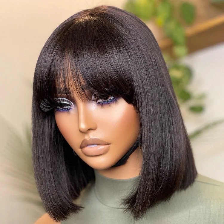 Glueless Yaki Straight Bob with Bangs Minimalist Lace Wig 100% Human